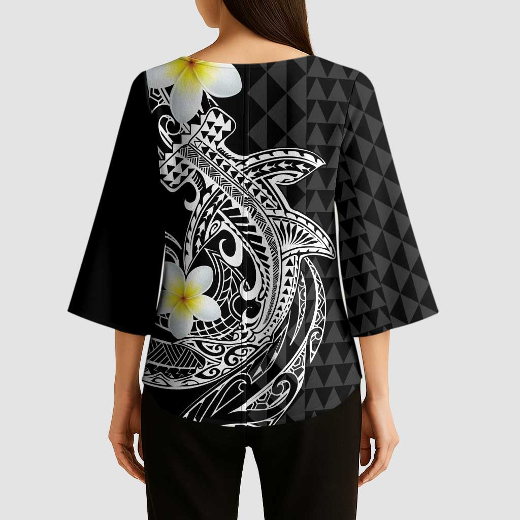 Aloha Hammerhead Shark Kimono Sleeve Blouse Black Hawaiian Kakau Tribal Tattoo - Polynesian Pride