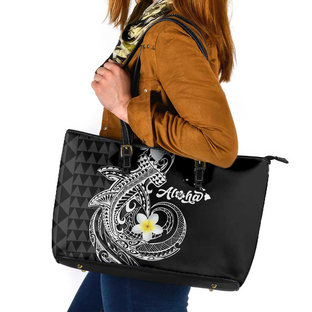 Aloha Hammerhead Shark Leather Tote Bag Black Hawaiian Kakau Tribal Tattoo