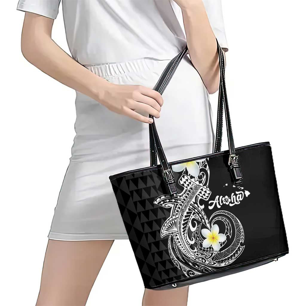 Aloha Hammerhead Shark Leather Tote Bag Black Hawaiian Kakau Tribal Tattoo