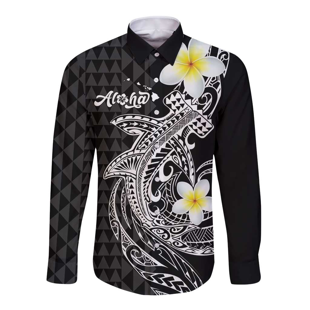 Aloha Hammerhead Shark Long Sleeve Button Shirt Black Hawaiian Kakau Tribal Tattoo