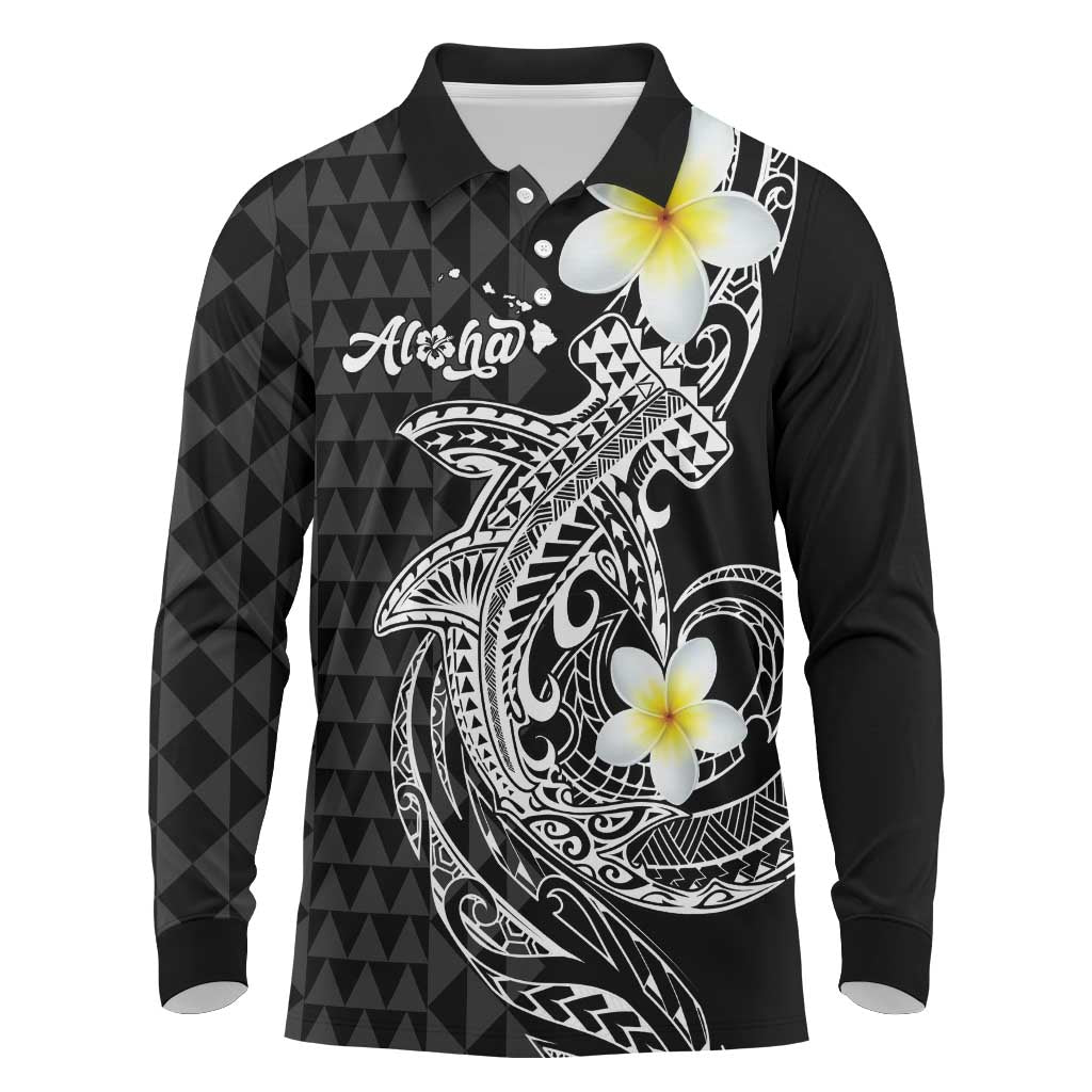 Aloha Hammerhead Shark Long Sleeve Polo Shirt Black Hawaiian Kakau Tribal Tattoo