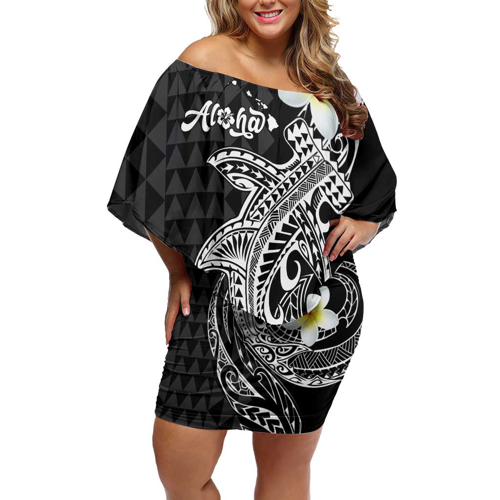 Aloha Hammerhead Shark Off Shoulder Short Dress Black Hawaiian Kakau Tribal Tattoo