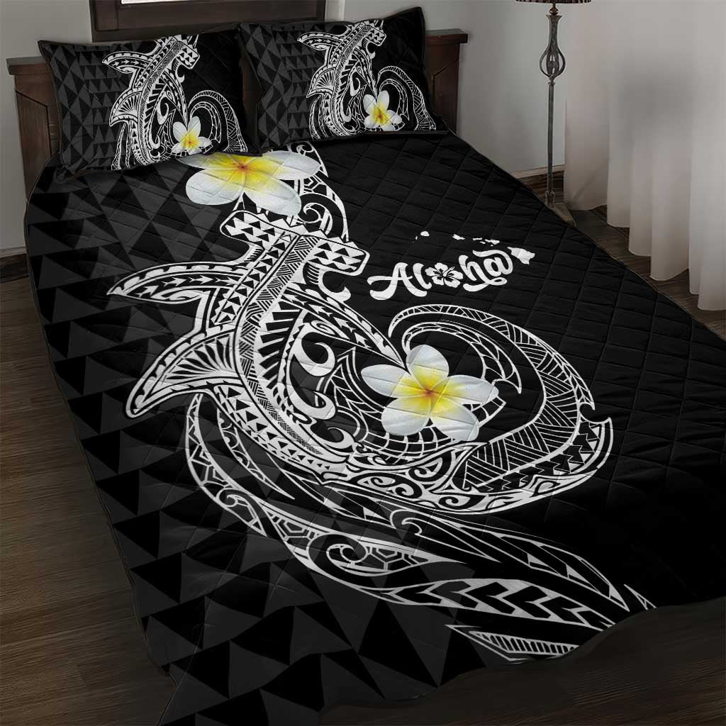 Aloha Hammerhead Shark Quilt Bed Set Black Hawaiian Kakau Tribal Tattoo