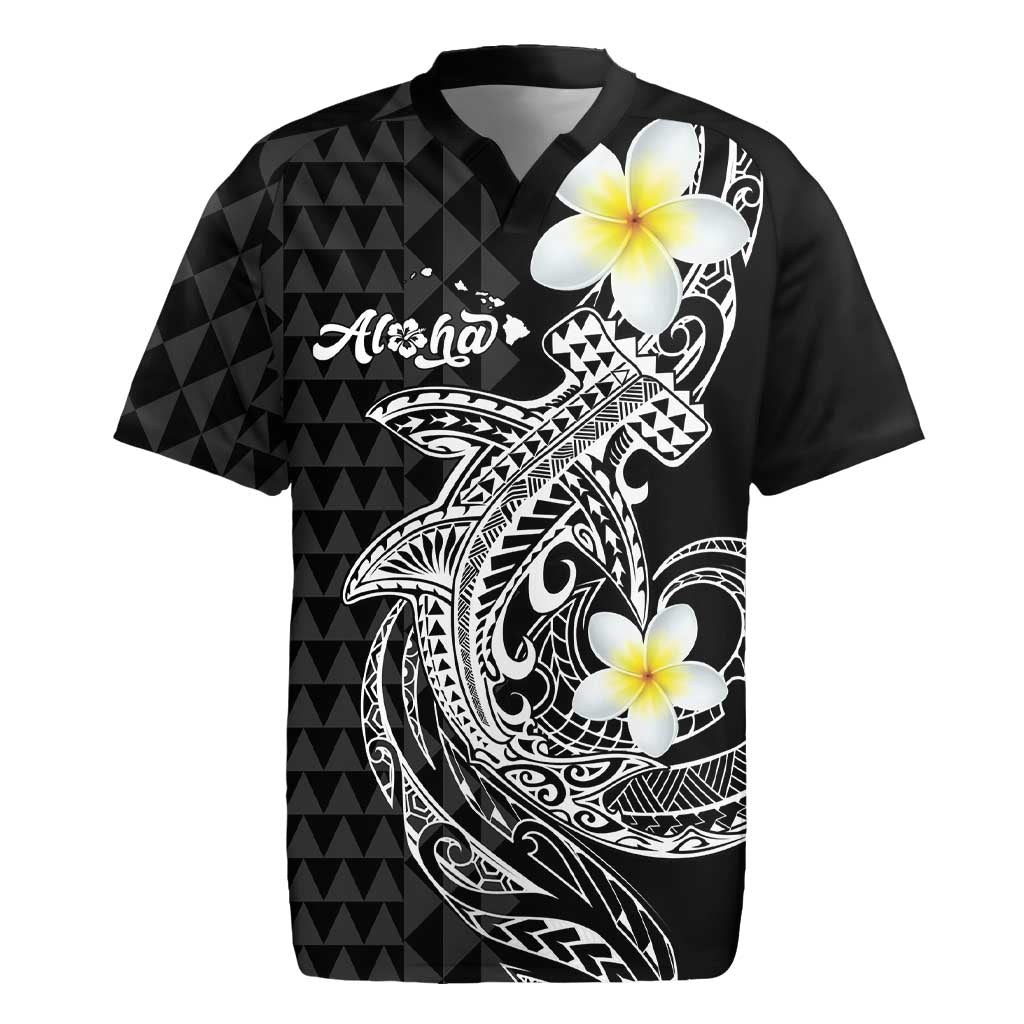 Aloha Hammerhead Shark Rugby Jersey Black Hawaiian Kakau Tribal Tattoo