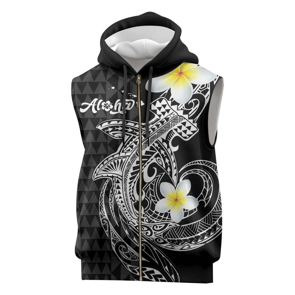 Aloha Hammerhead Shark Sleeveless Zip Hoodie Black Hawaiian Kakau Tribal Tattoo - Polynesian Pride