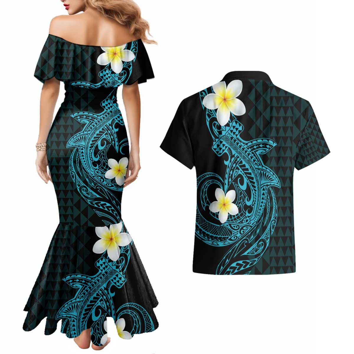 Aloha Hammerhead Shark Couples Matching Mermaid Dress and Hawaiian Shirt Calypso Hawaiian Kakau Tribal Tattoo