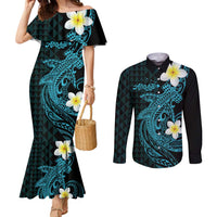 Aloha Hammerhead Shark Couples Matching Mermaid Dress and Long Sleeve Button Shirt Calypso Hawaiian Kakau Tribal Tattoo
