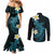 Aloha Hammerhead Shark Couples Matching Mermaid Dress and Long Sleeve Button Shirt Calypso Hawaiian Kakau Tribal Tattoo