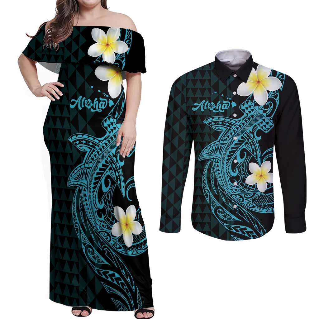 Aloha Hammerhead Shark Couples Matching Off Shoulder Maxi Dress and Long Sleeve Button Shirt Calypso Hawaiian Kakau Tribal Tattoo