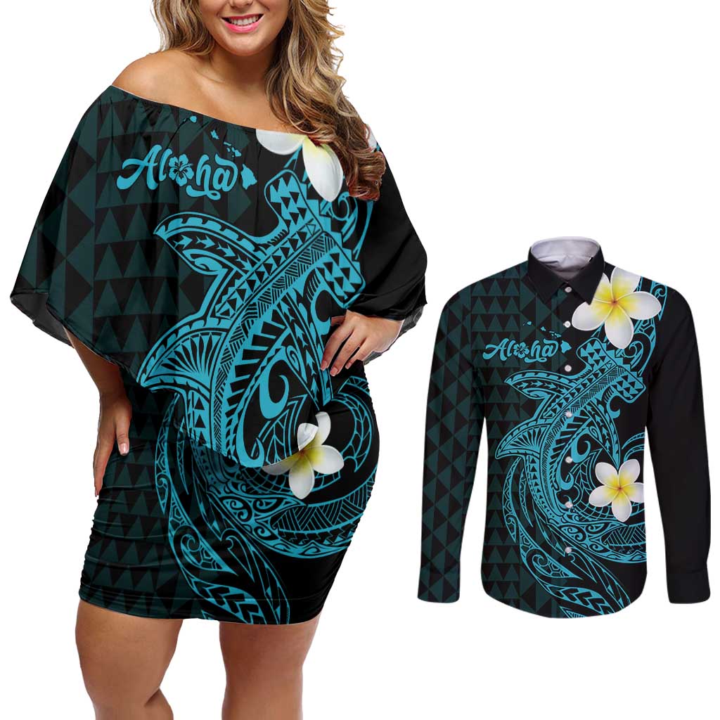 Aloha Hammerhead Shark Couples Matching Off Shoulder Short Dress and Long Sleeve Button Shirt Calypso Hawaiian Kakau Tribal Tattoo