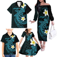Aloha Hammerhead Shark Family Matching Off The Shoulder Long Sleeve Dress and Hawaiian Shirt Calypso Hawaiian Kakau Tribal Tattoo