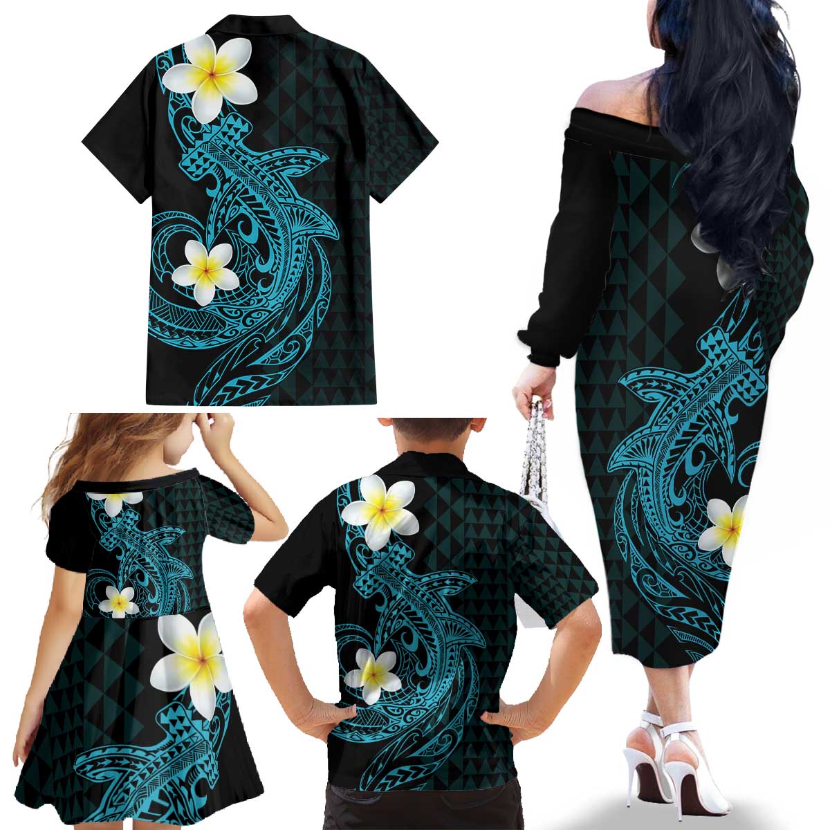 Aloha Hammerhead Shark Family Matching Off The Shoulder Long Sleeve Dress and Hawaiian Shirt Calypso Hawaiian Kakau Tribal Tattoo