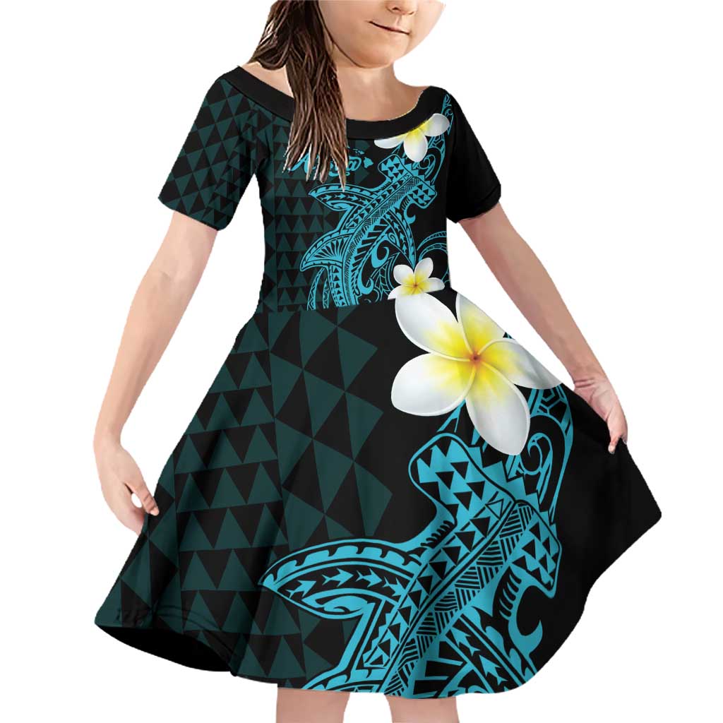 Aloha Hammerhead Shark Family Matching Off Shoulder Short Dress and Hawaiian Shirt Calypso Hawaiian Kakau Tribal Tattoo LT9 Daughter's Dress Blue - Polynesian Pride