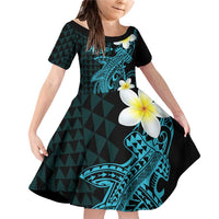 Aloha Hammerhead Shark Family Matching Off Shoulder Short Dress and Hawaiian Shirt Calypso Hawaiian Kakau Tribal Tattoo LT9 Daughter's Dress Blue - Polynesian Pride