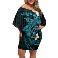 Aloha Hammerhead Shark Family Matching Off Shoulder Short Dress and Hawaiian Shirt Calypso Hawaiian Kakau Tribal Tattoo LT9 Mom's Dress Blue - Polynesian Pride