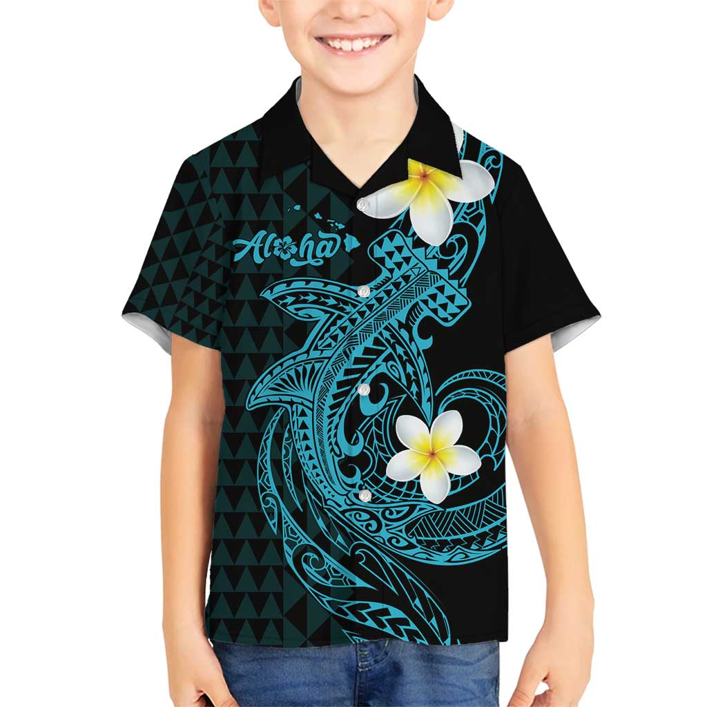 Aloha Hammerhead Shark Family Matching Off Shoulder Short Dress and Hawaiian Shirt Calypso Hawaiian Kakau Tribal Tattoo LT9 Son's Shirt Blue - Polynesian Pride