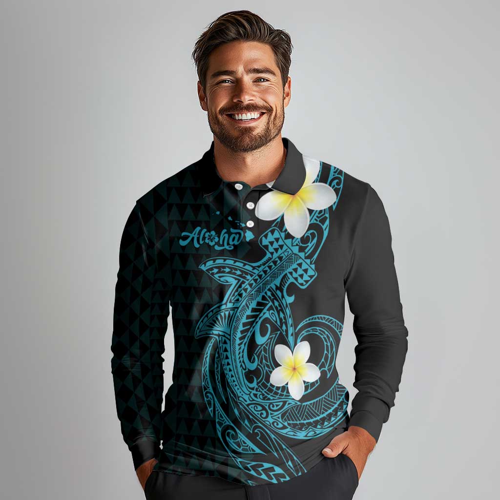 Aloha Hammerhead Shark Long Sleeve Polo Shirt Calypso Hawaiian Kakau Tribal Tattoo