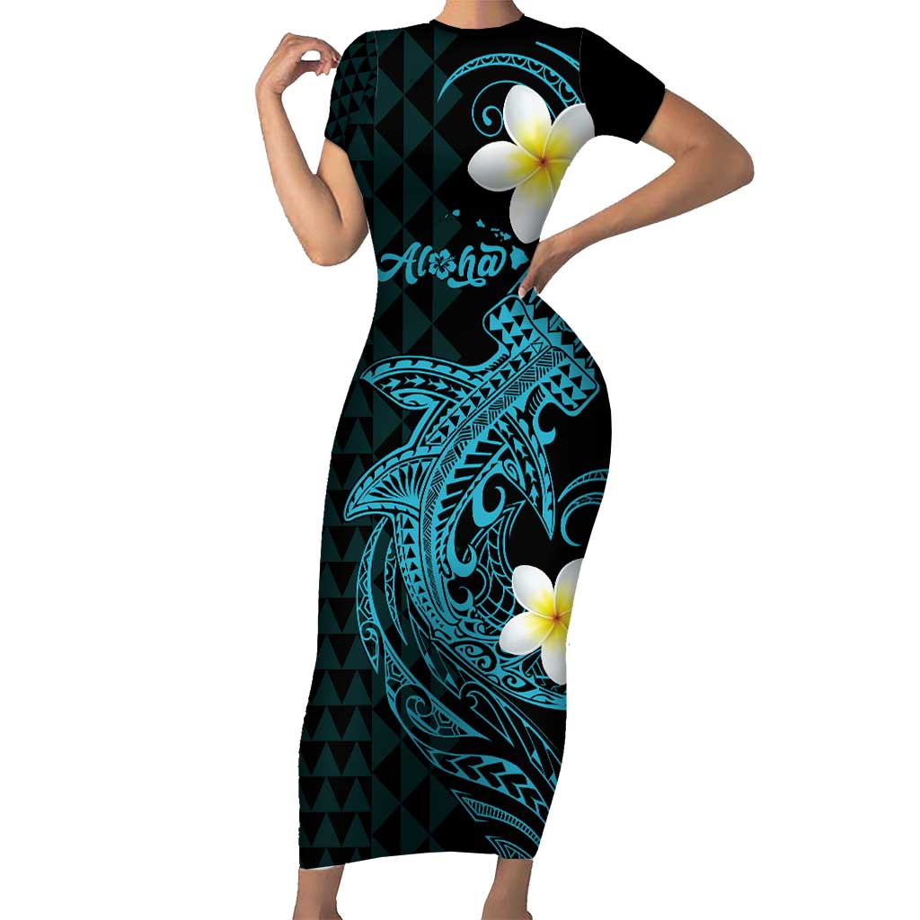 Aloha Hammerhead Shark Short Sleeve Bodycon Dress Calypso Hawaiian Kakau Tribal Tattoo