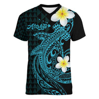 Aloha Hammerhead Shark Women V-Neck T-Shirt Calypso Hawaiian Kakau Tribal Tattoo LT9 Female Blue - Polynesian Pride