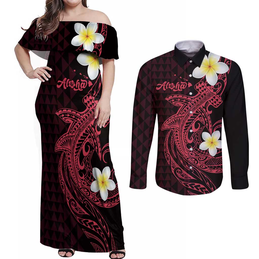 Aloha Hammerhead Shark Couples Matching Off Shoulder Maxi Dress and Long Sleeve Button Shirt Feverish Pink Hawaiian Kakau Tribal Tattoo