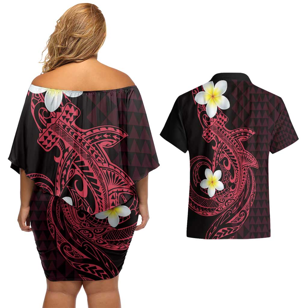 Aloha Hammerhead Shark Couples Matching Off Shoulder Short Dress and Hawaiian Shirt Feverish Pink Hawaiian Kakau Tribal Tattoo LT9 - Polynesian Pride