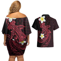 Aloha Hammerhead Shark Couples Matching Off Shoulder Short Dress and Hawaiian Shirt Feverish Pink Hawaiian Kakau Tribal Tattoo LT9 - Polynesian Pride