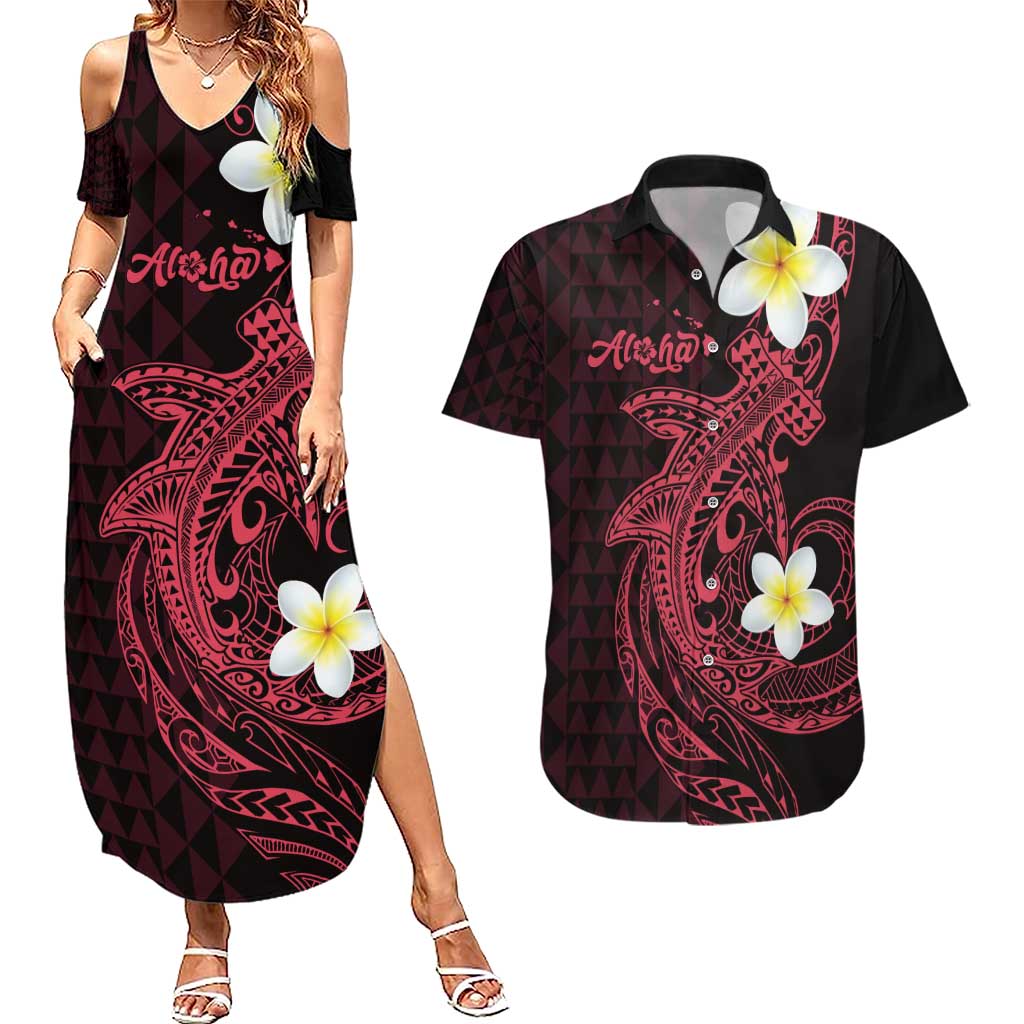 Aloha Hammerhead Shark Couples Matching Summer Maxi Dress and Hawaiian Shirt Feverish Pink Hawaiian Kakau Tribal Tattoo