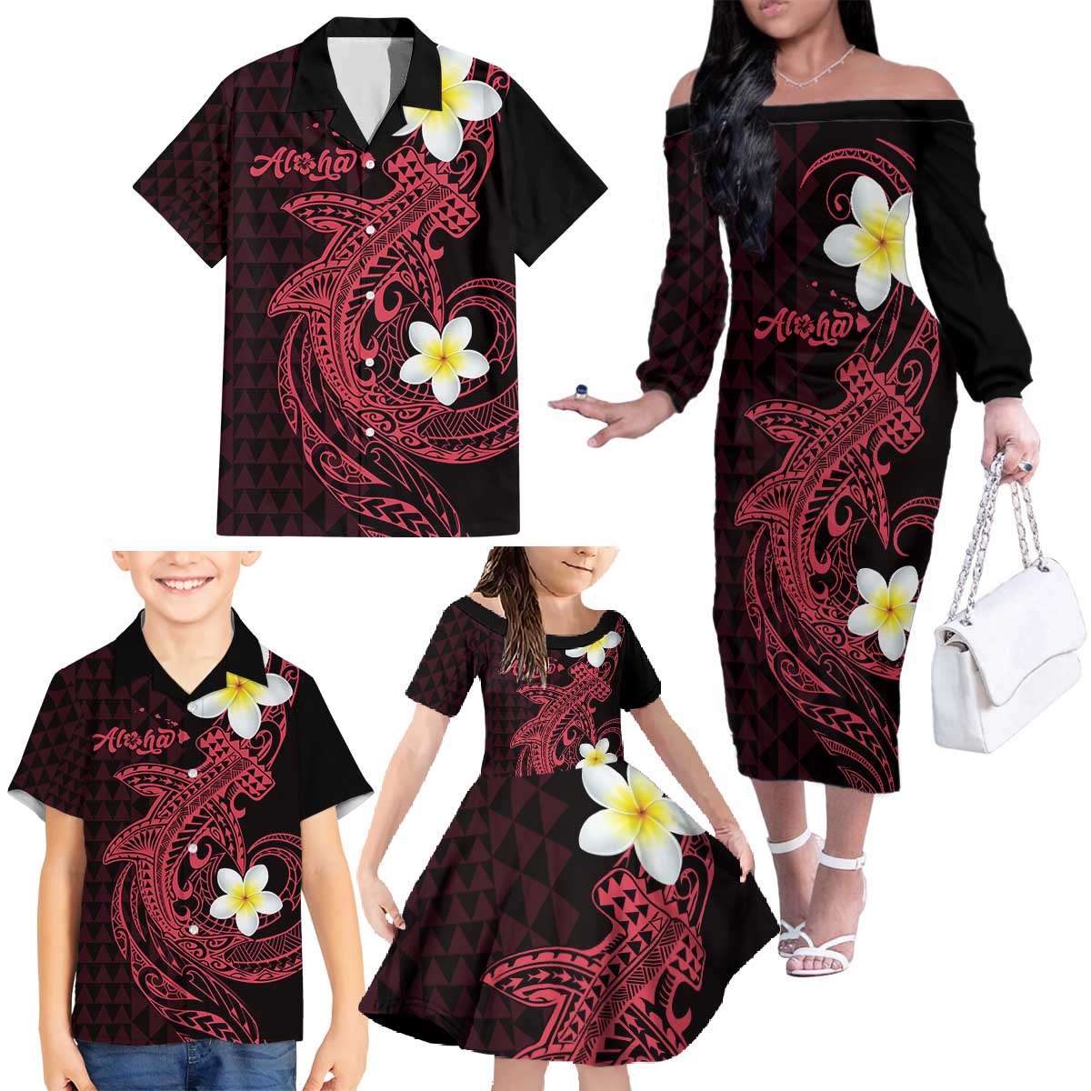 Aloha Hammerhead Shark Family Matching Off The Shoulder Long Sleeve Dress and Hawaiian Shirt Feverish Pink Hawaiian Kakau Tribal Tattoo