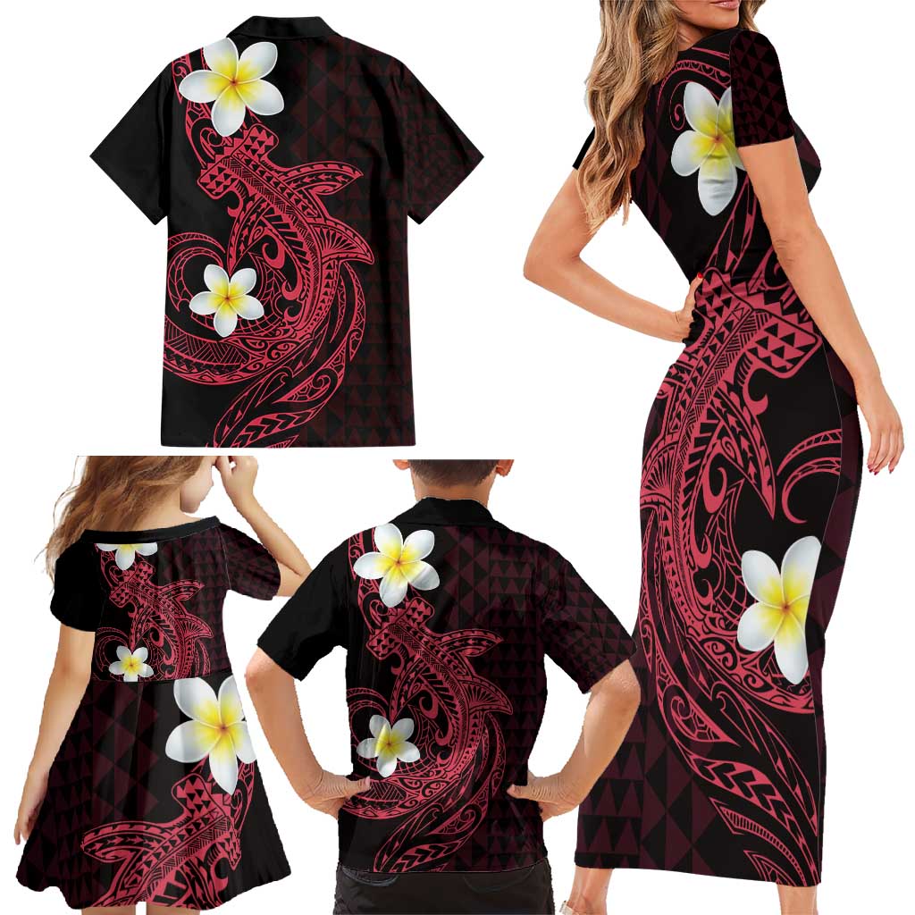 Aloha Hammerhead Shark Family Matching Short Sleeve Bodycon Dress and Hawaiian Shirt Feverish Pink Hawaiian Kakau Tribal Tattoo