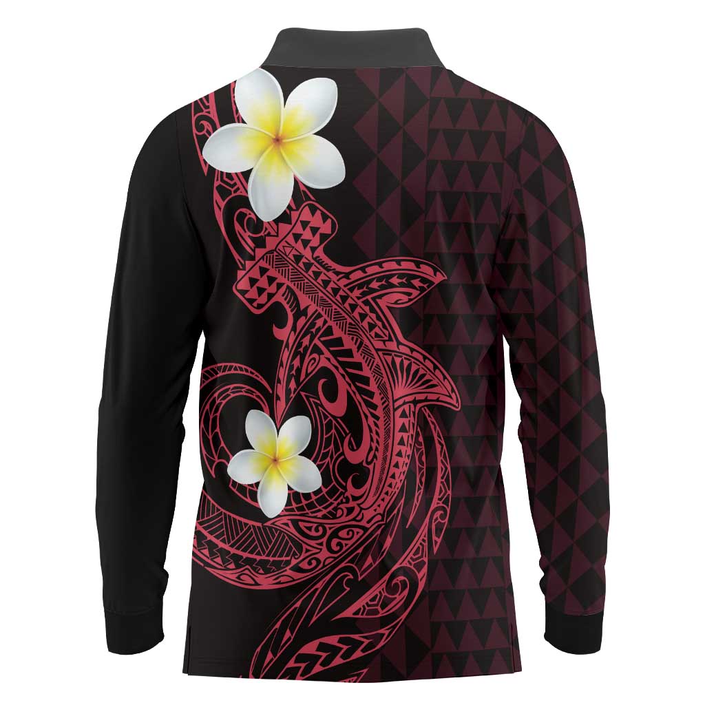 Aloha Hammerhead Shark Long Sleeve Polo Shirt Feverish Pink Hawaiian Kakau Tribal Tattoo