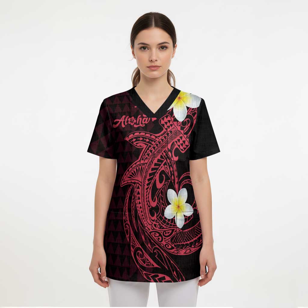 Aloha Hammerhead Shark Scrub Top Feverish Pink Hawaiian Kakau Tribal Tattoo - Polynesian Pride