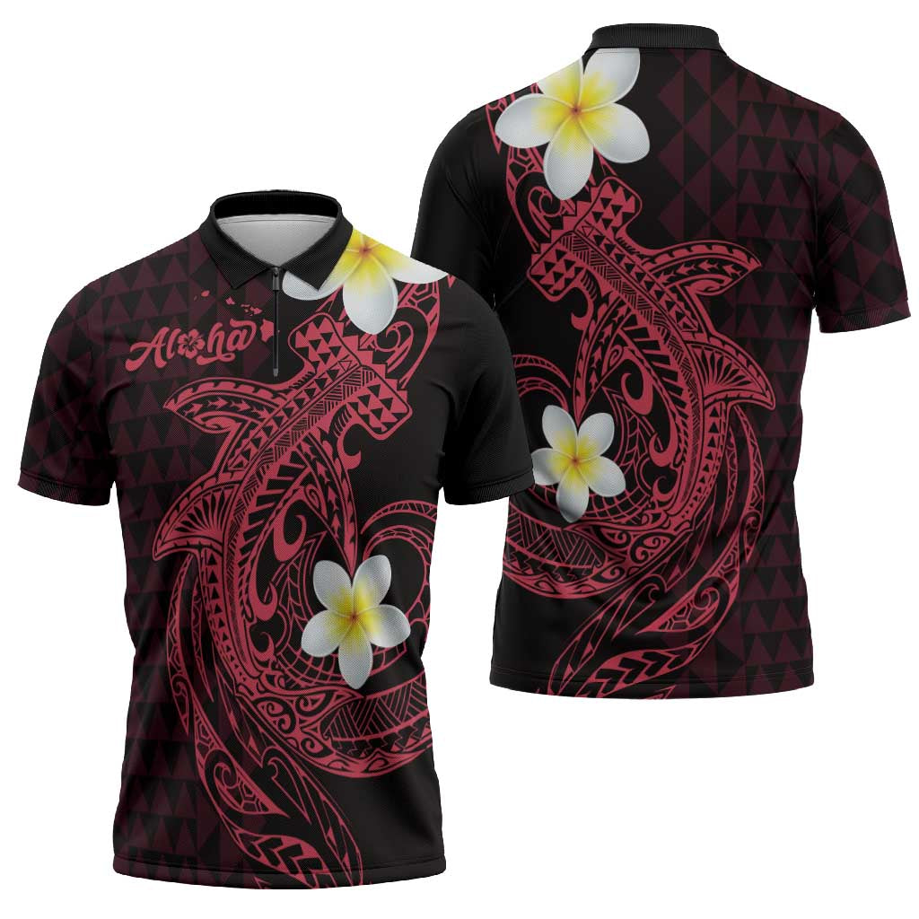 Aloha Hammerhead Shark Zipper Polo Shirt Feverish Pink Hawaiian Kakau Tribal Tattoo - Polynesian Pride
