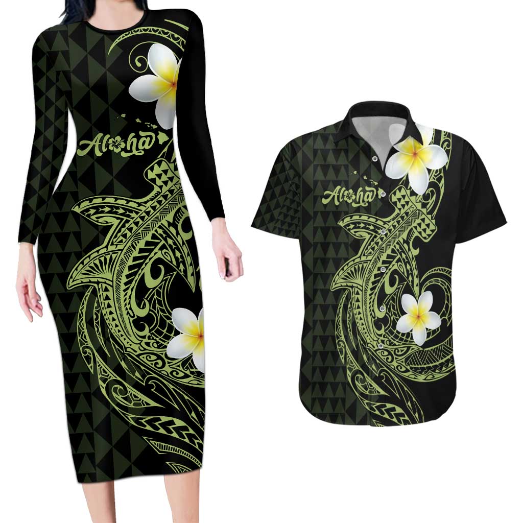 Aloha Hammerhead Shark Couples Matching Long Sleeve Bodycon Dress and Hawaiian Shirt Lime Rickey Hawaiian Kakau Tribal Tattoo