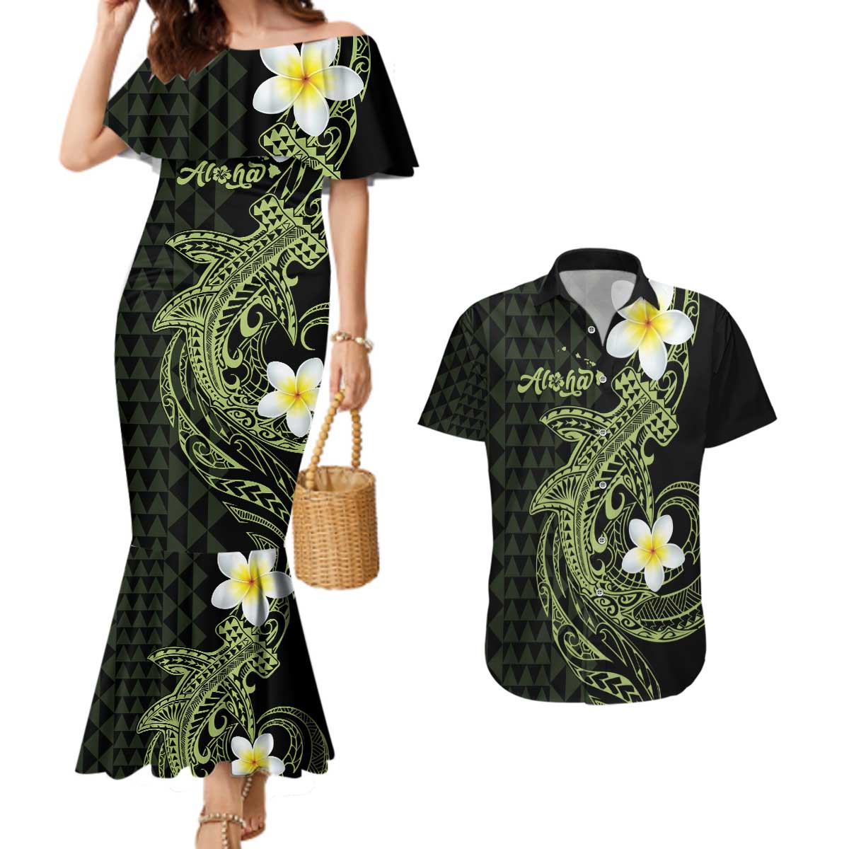 Aloha Hammerhead Shark Couples Matching Mermaid Dress and Hawaiian Shirt Lime Rickey Hawaiian Kakau Tribal Tattoo