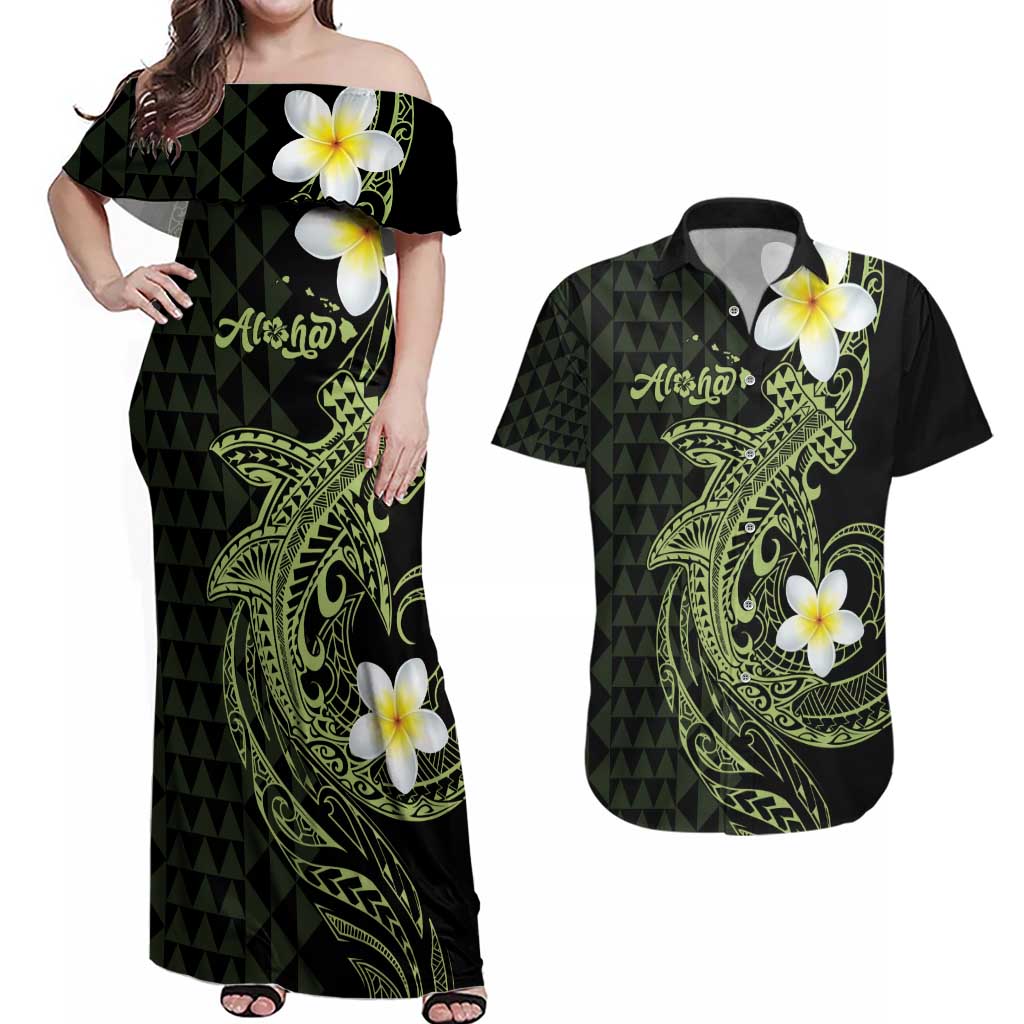 Aloha Hammerhead Shark Couples Matching Off Shoulder Maxi Dress and Hawaiian Shirt Lime Rickey Hawaiian Kakau Tribal Tattoo