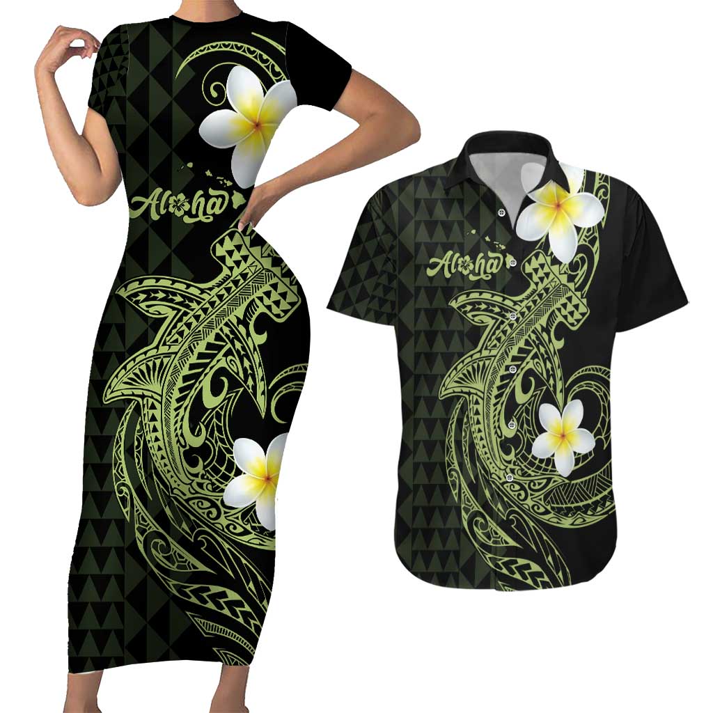Aloha Hammerhead Shark Couples Matching Short Sleeve Bodycon Dress and Hawaiian Shirt Lime Rickey Hawaiian Kakau Tribal Tattoo