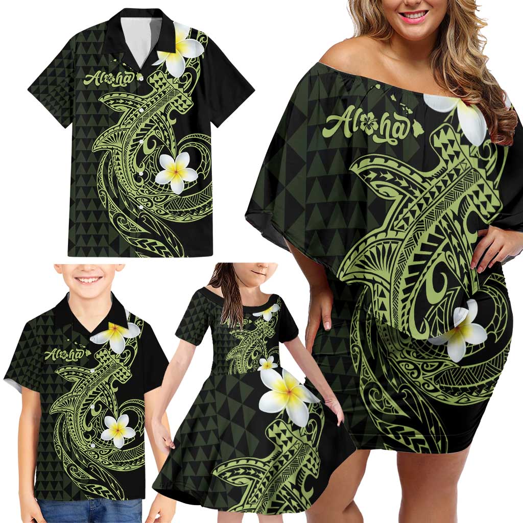 Aloha Hammerhead Shark Family Matching Off Shoulder Short Dress and Hawaiian Shirt Lime Rickey Hawaiian Kakau Tribal Tattoo