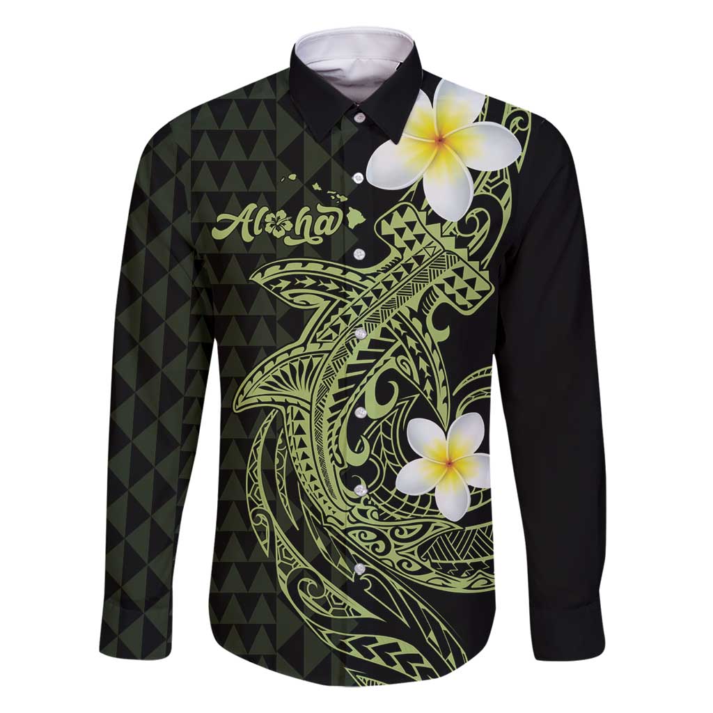 Aloha Hammerhead Shark Family Matching Off Shoulder Short Dress and Hawaiian Shirt Lime Rickey Hawaiian Kakau Tribal Tattoo LT9 Dad's Shirt - Long Sleeve Lime - Polynesian Pride