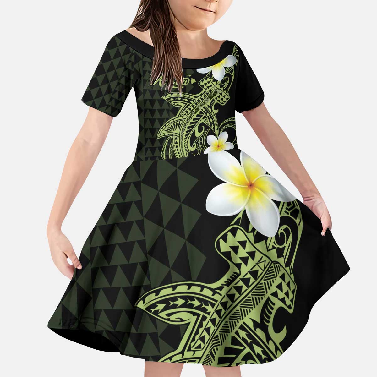 Aloha Hammerhead Shark Kid Short Sleeve Dress Lime Rickey Hawaiian Kakau Tribal Tattoo