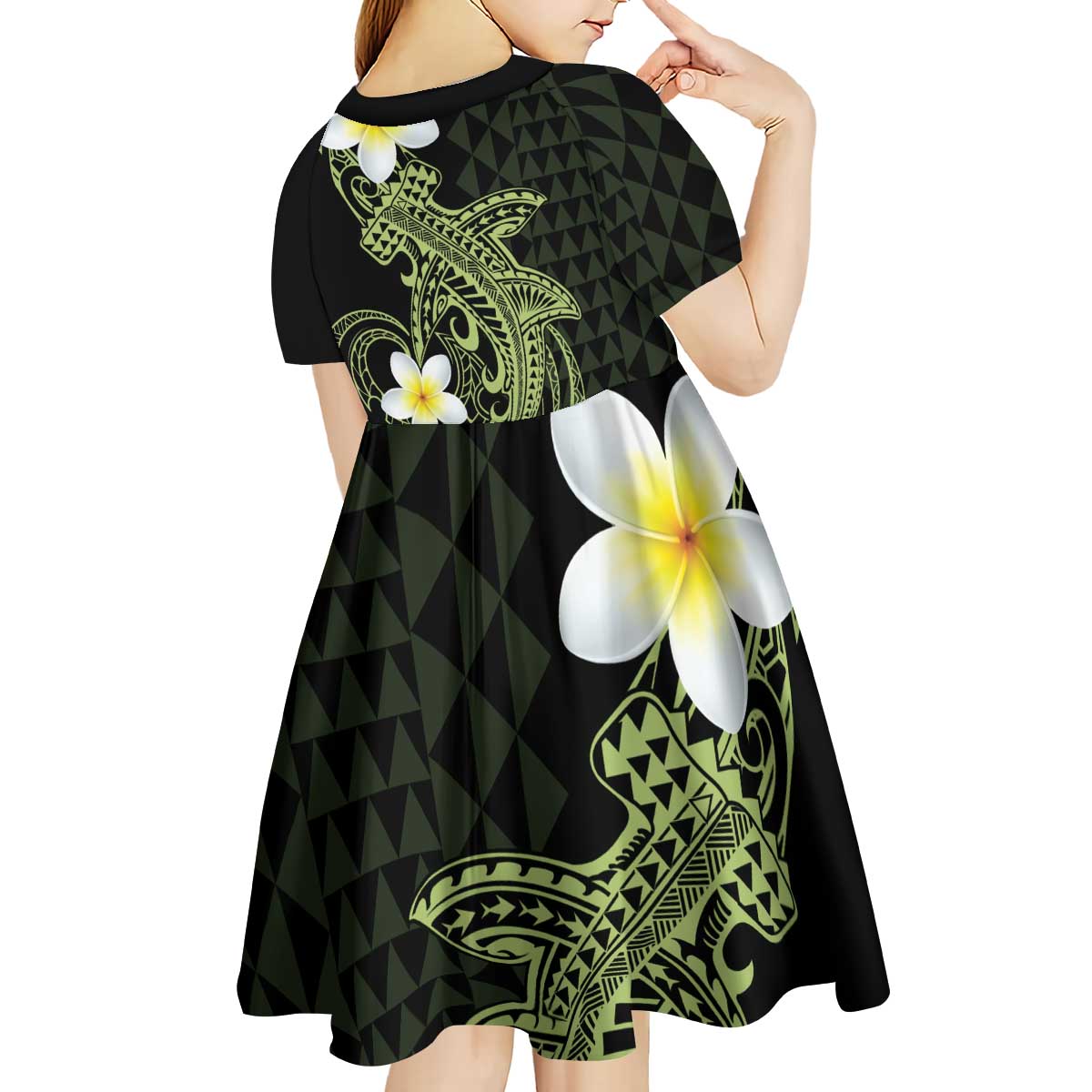 Aloha Hammerhead Shark Kid Short Sleeve Dress Lime Rickey Hawaiian Kakau Tribal Tattoo