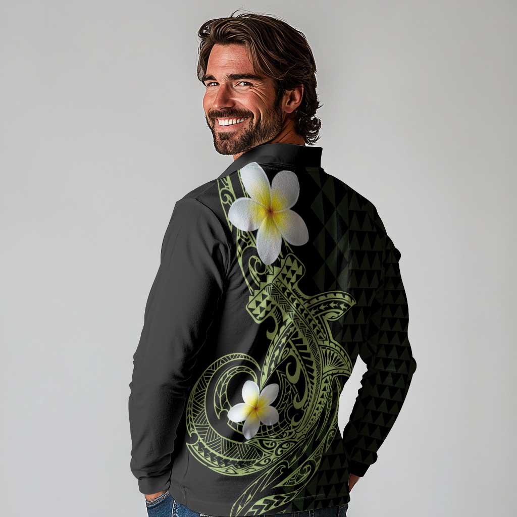 Aloha Hammerhead Shark Long Sleeve Polo Shirt Lime Rickey Hawaiian Kakau Tribal Tattoo