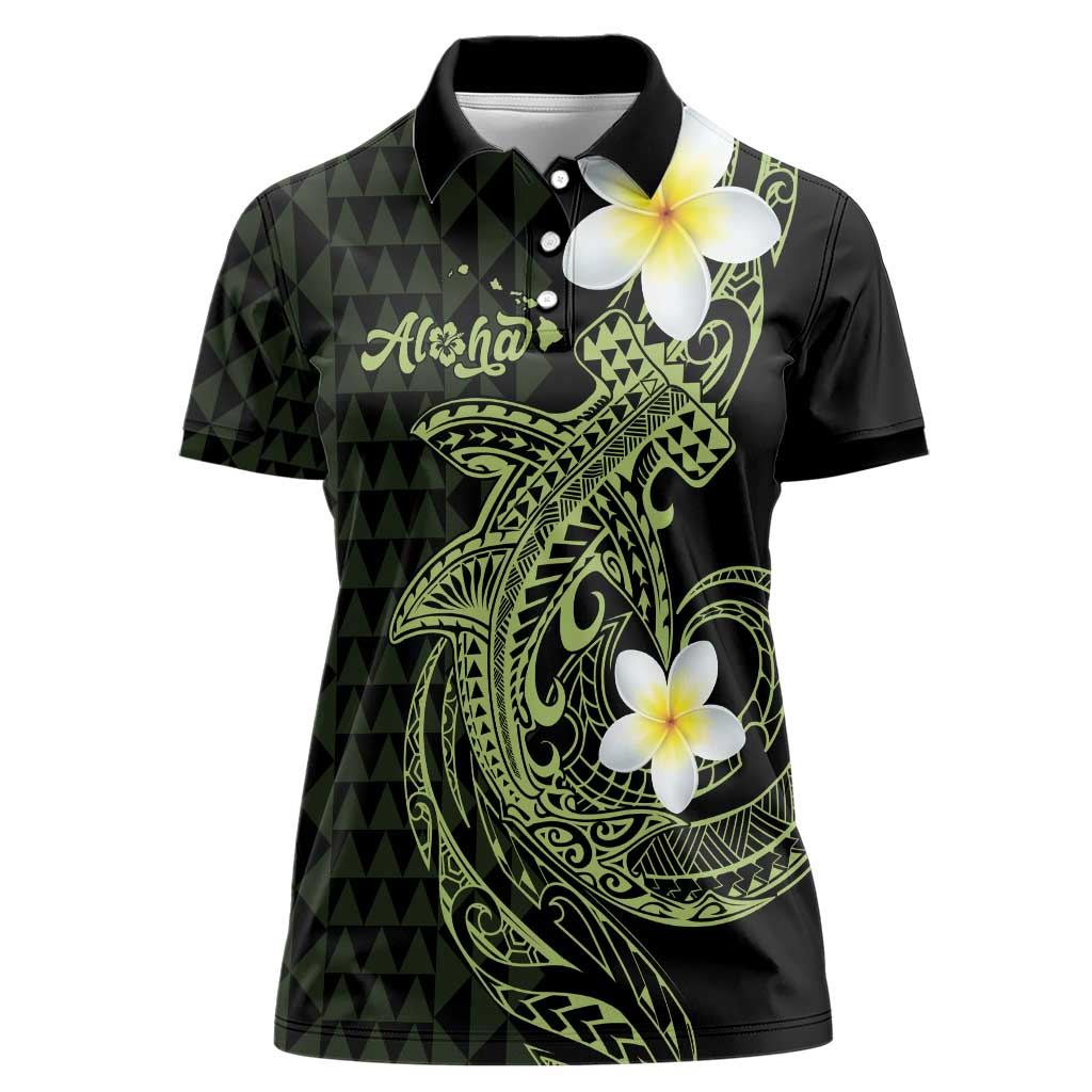 Aloha Hammerhead Shark Women Polo Shirt Lime Rickey Hawaiian Kakau Tribal Tattoo