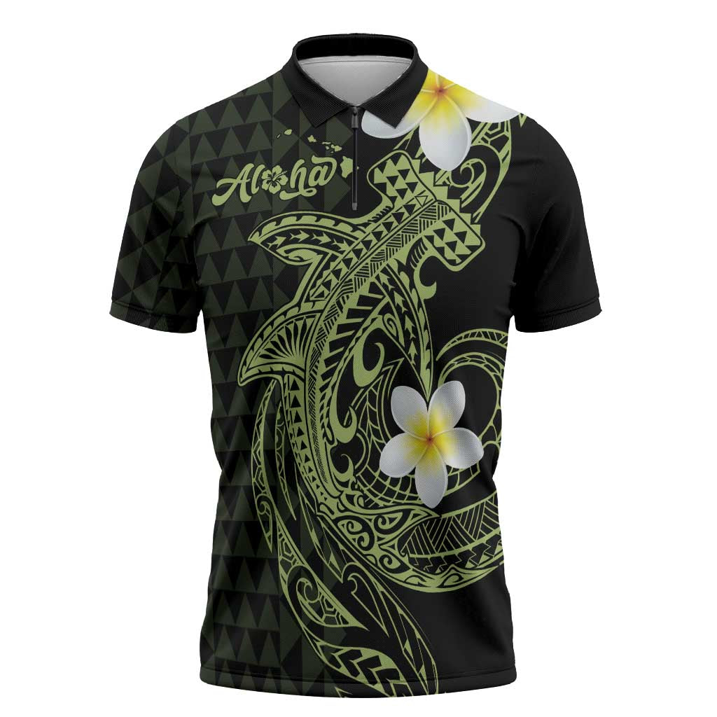 Aloha Hammerhead Shark Zipper Polo Shirt Lime Rickey Hawaiian Kakau Tribal Tattoo - Polynesian Pride