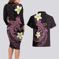 Aloha Hammerhead Shark Couples Matching Long Sleeve Bodycon Dress and Hawaiian Shirt Vivacious Pink Hawaiian Kakau Tribal Tattoo