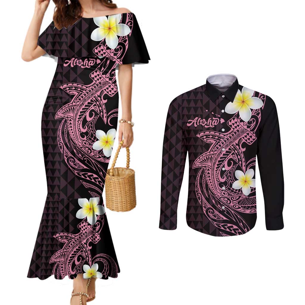 Aloha Hammerhead Shark Couples Matching Mermaid Dress and Long Sleeve Button Shirt Vivacious Pink Hawaiian Kakau Tribal Tattoo