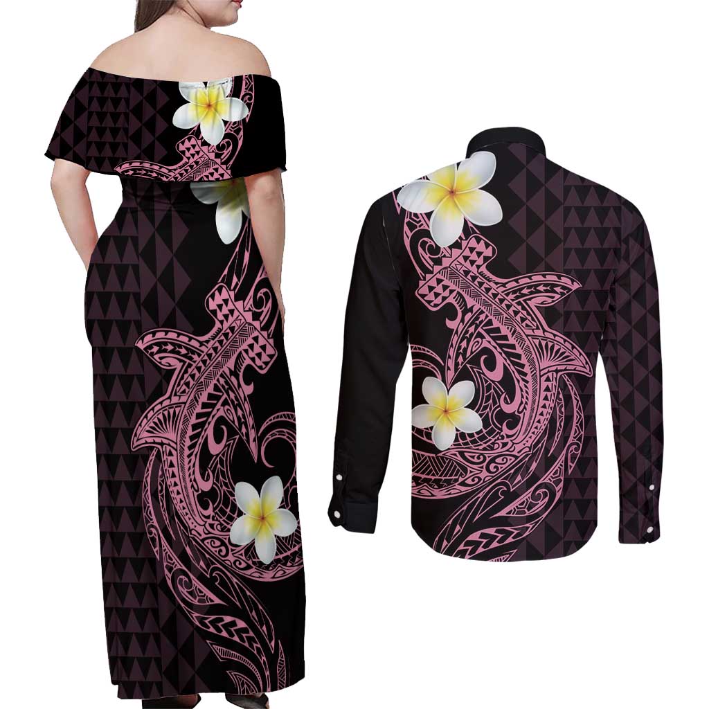 Aloha Hammerhead Shark Couples Matching Off Shoulder Maxi Dress and Long Sleeve Button Shirt Vivacious Pink Hawaiian Kakau Tribal Tattoo
