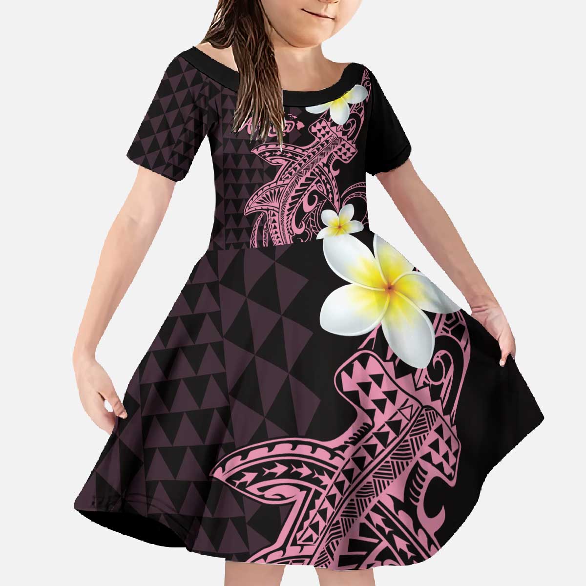 Aloha Hammerhead Shark Family Matching Off The Shoulder Long Sleeve Dress and Hawaiian Shirt Vivacious Pink Hawaiian Kakau Tribal Tattoo