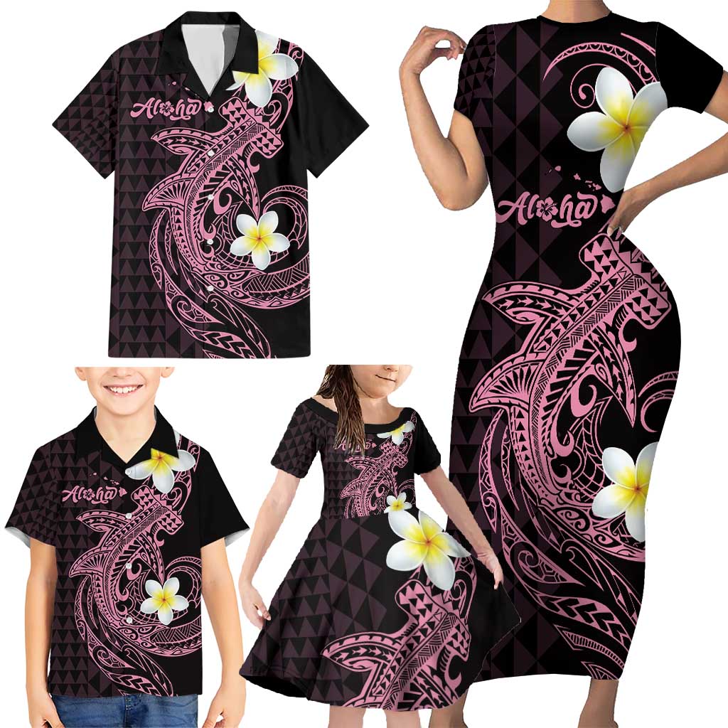 Aloha Hammerhead Shark Family Matching Short Sleeve Bodycon Dress and Hawaiian Shirt Vivacious Pink Hawaiian Kakau Tribal Tattoo