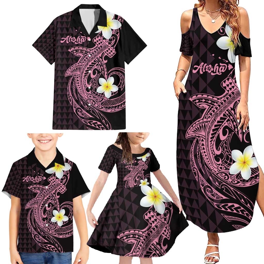 Aloha Hammerhead Shark Family Matching Summer Maxi Dress and Hawaiian Shirt Vivacious Pink Hawaiian Kakau Tribal Tattoo