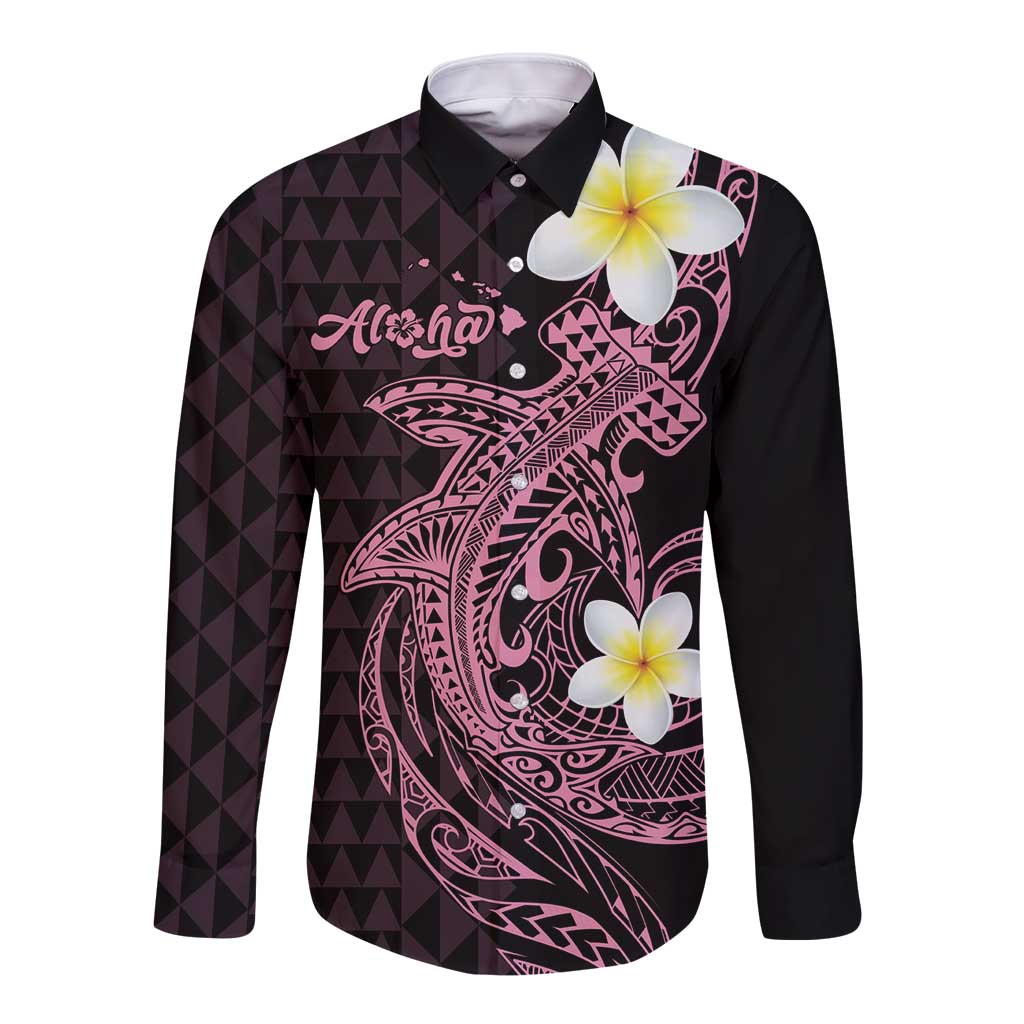 Aloha Hammerhead Shark Long Sleeve Button Shirt Vivacious Pink Hawaiian Kakau Tribal Tattoo